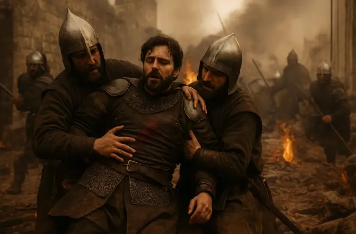 İstanbul’un fethi sırasında ağır yaralanan Giovanni Giustiniani’nin iki Bizans askeri tarafından savaş alanından taşındığı dramatik sahne.